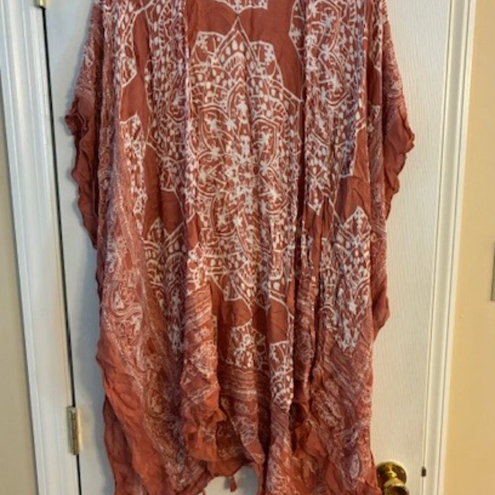 Breezy Lane Women's Rust White Tassles Boho Sheer Kimono Coverup Boho One Size